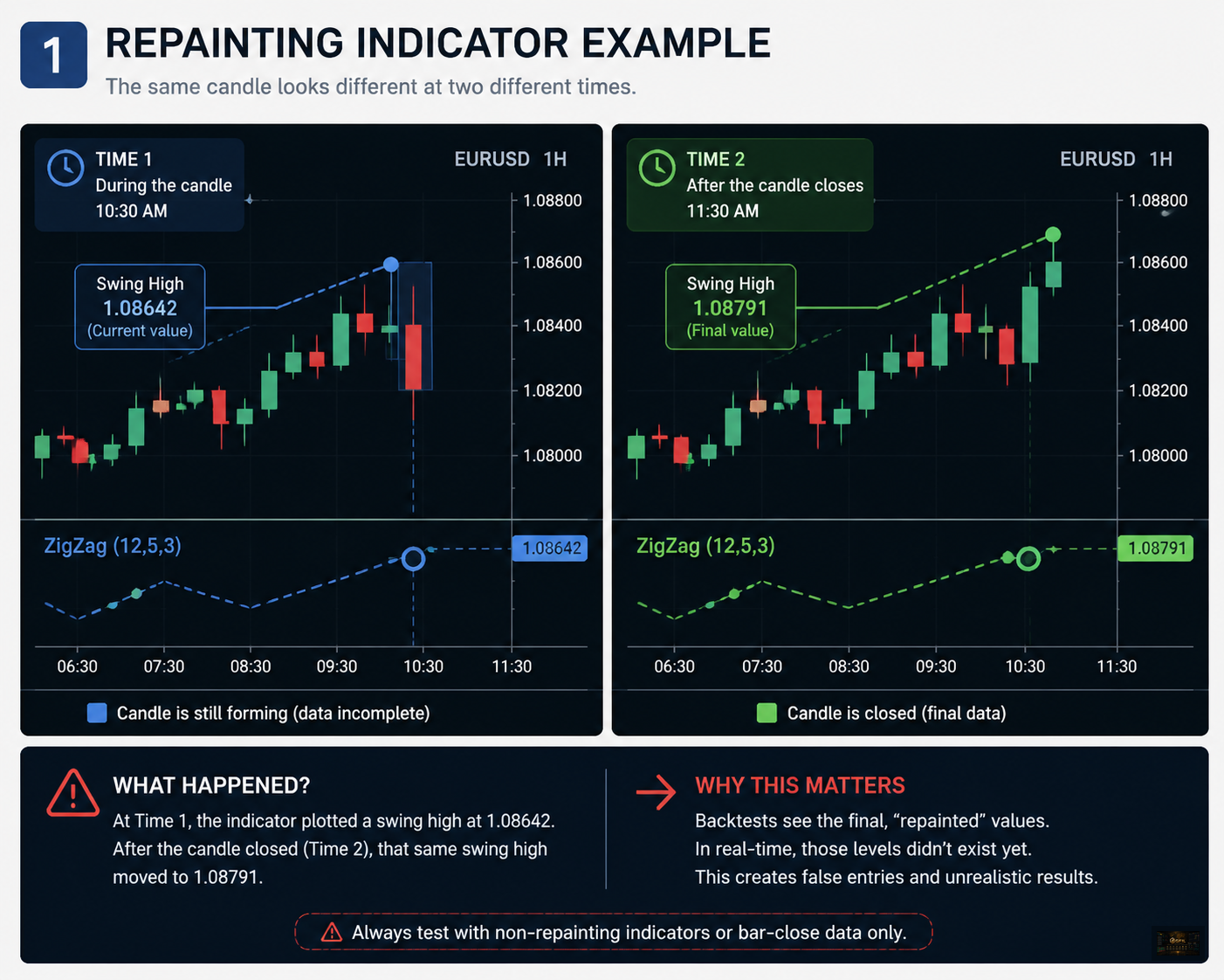 Same candlestick chart at two different times showing indicator values changed